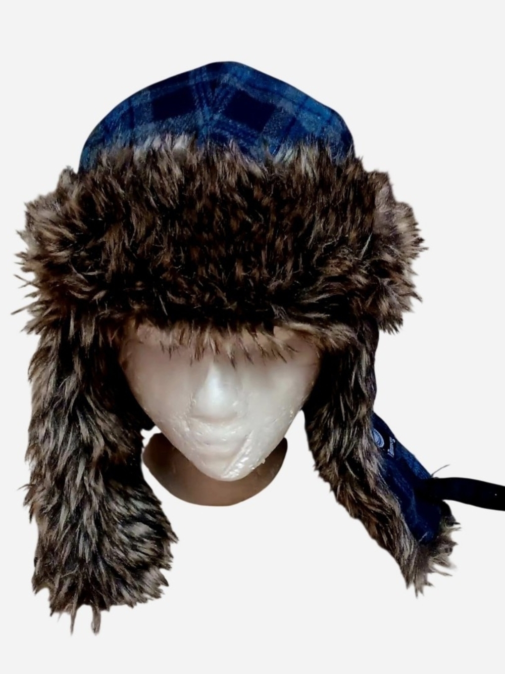 J Dempsey Faux Fur Trap Earflap Hat in Navy Plaid